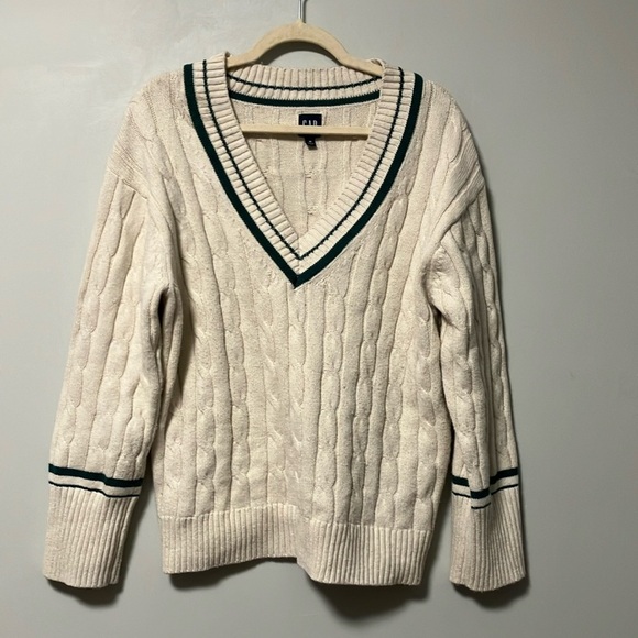 GAP Varsity cable knit Ivory green v neck sweater - Picture 2 of 6